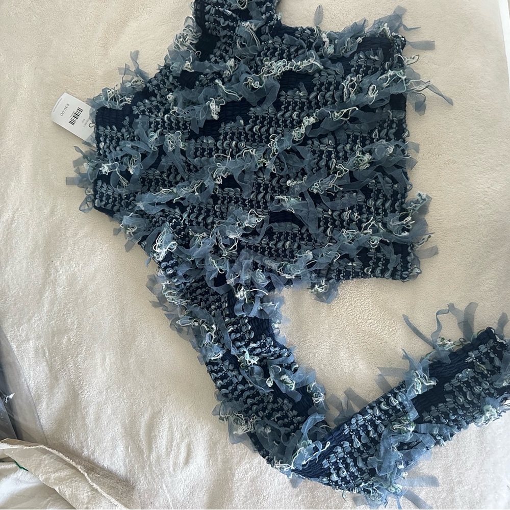 AKIRA Navy and Light Blue Fringe Knit Top